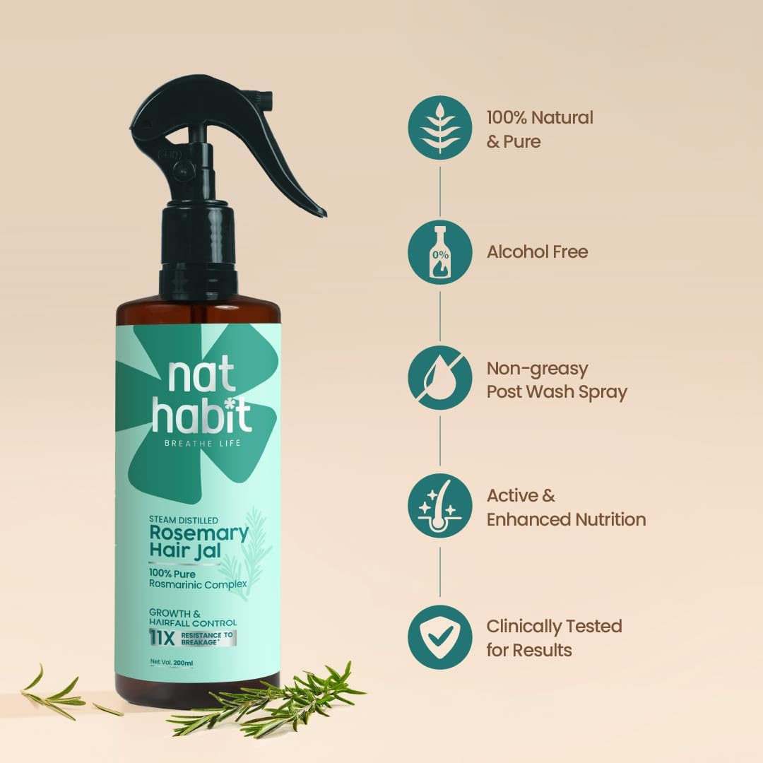 nat habit hair jal bottle with features listed on a beige background