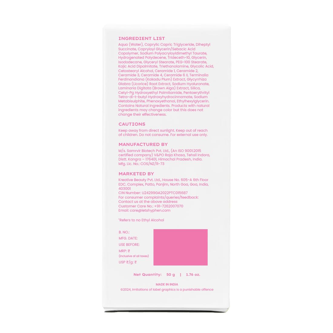 Back of a cosmetic product packaging with ingredient list and manufacturing details.