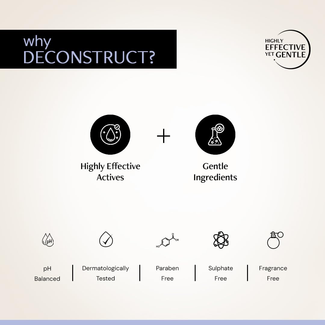 Product label with icons and text about effective actives and gentle ingredients on a light background.