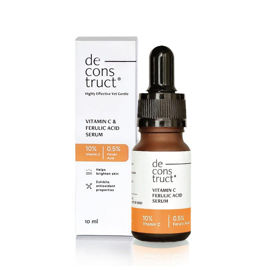 Vitamin C & Ferulic Acid Serum by de construct with dropper bottle and packaging on a white background