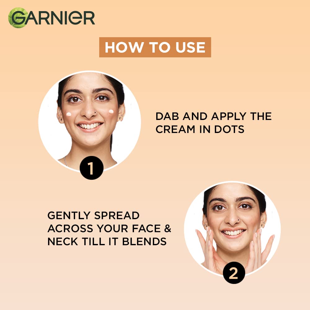 Garnier skincare product usage guide with a woman applying cream on her face.