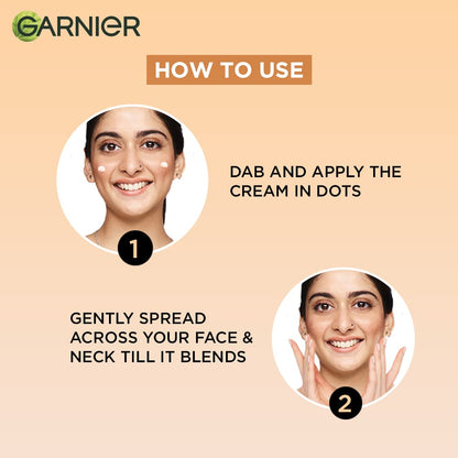 Garnier skincare product usage guide with a woman applying cream on her face.