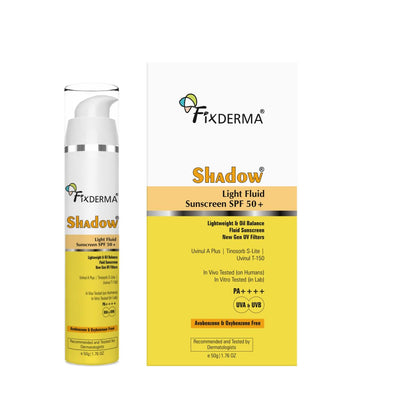 Fixderma Shadow Light Fluid Sunscreen SPF 50+ & PA++++, Lightweight & Oil Free, Clinically Tested in-Vivo, for Oily Skin, Sensitive, No White Cast, UVA/UVB Protection - 50g