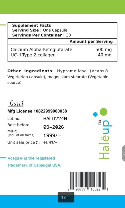 Haleup Calcium AKG Supplement with UC-II collagen | Calcium Alpha-Ketoglutarate for Cellular Energy, Bone Strength, Muscle Recovery (4 pack X 30s count)