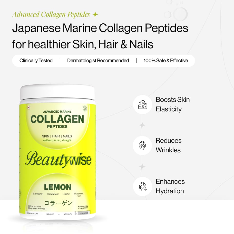 Beautywise Advanced Hydrolyzed Japanese Marine Collagen with Glutathione | For Radiance, Hydration, Youthful Skin | Fast-Absorbing 200gm, Clinically Proven | Skin, Hair & Nails | Lemon (25 Servings)
