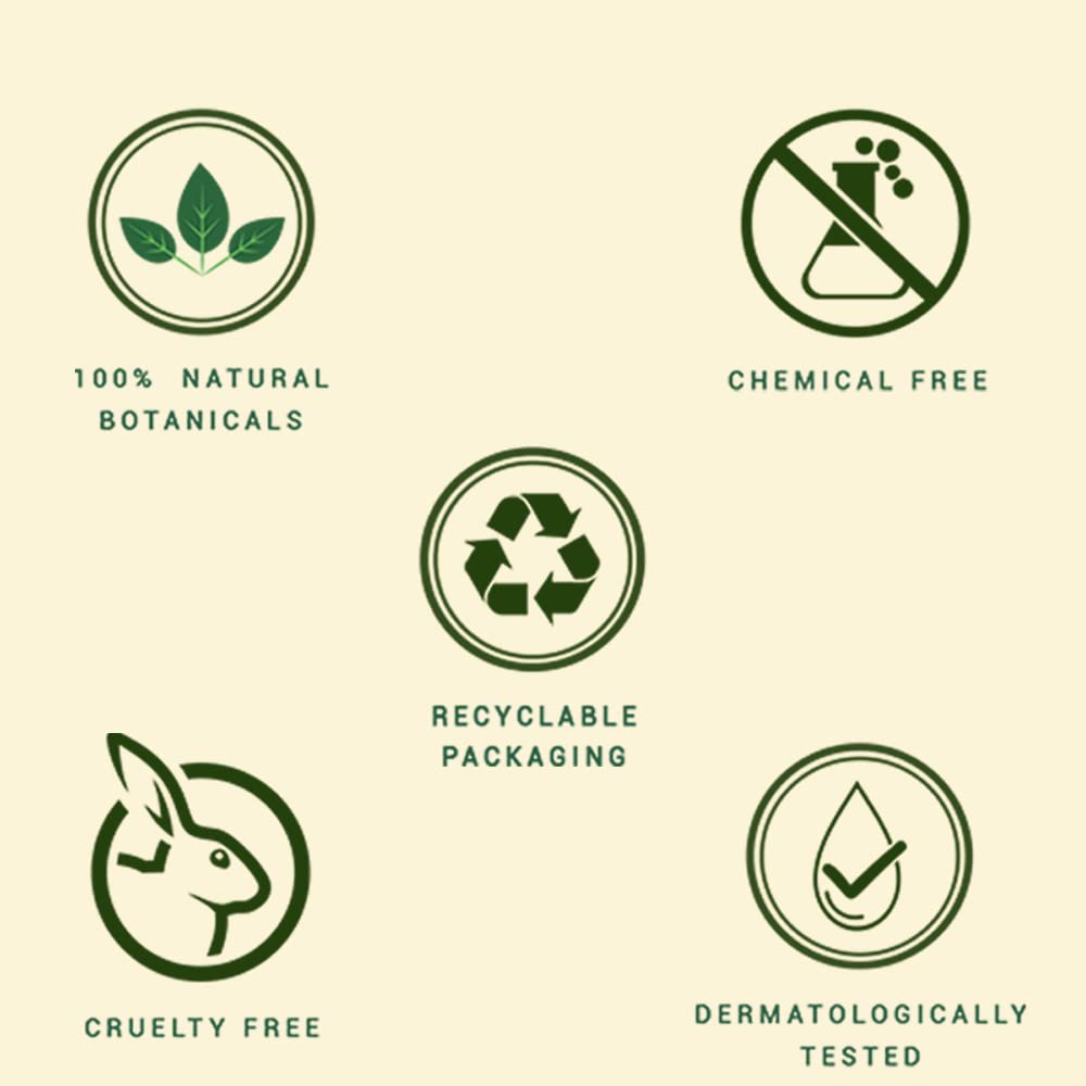 Set of green icons representing various product attributes on a beige background