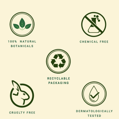 Set of green icons representing various product attributes on a beige background