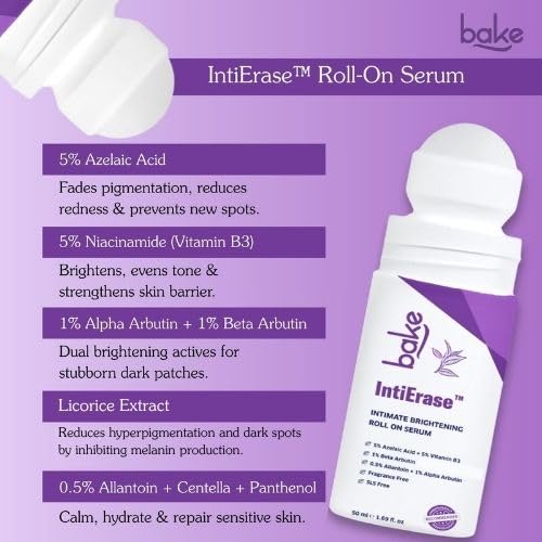 BAKE IntiErase™ Intimate Brightening Roll-On Serum With 5% Azelaic Acid, 5% Niacinamide, Alpha Arbutin | For Dark Underarms, Inner Thighs, Knees & Bikini Area | Intimate Areas for Women & Men - 50ml