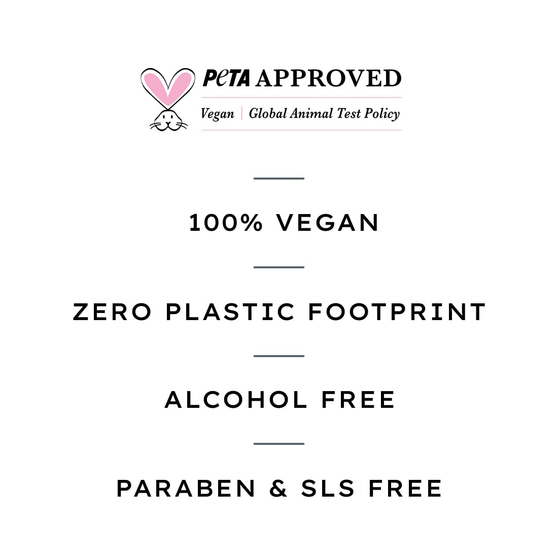 Certification badge for vegan, zero plastic footprint, alcohol free, paraben & SLS free products on a white background.