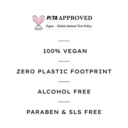 Certification badge for vegan, zero plastic footprint, alcohol free, paraben & SLS free products on a white background.