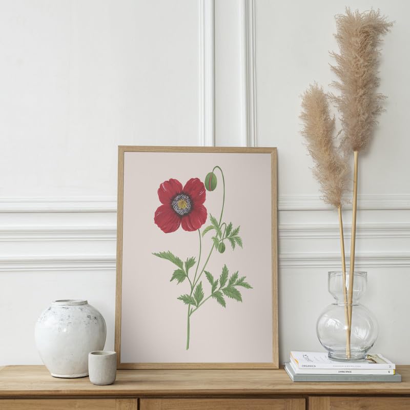 Poppy Botanical Wall Painting| Modern Art Painting for Living Room Bed Room and Office | 11 x 14 inches (Natural Frame)