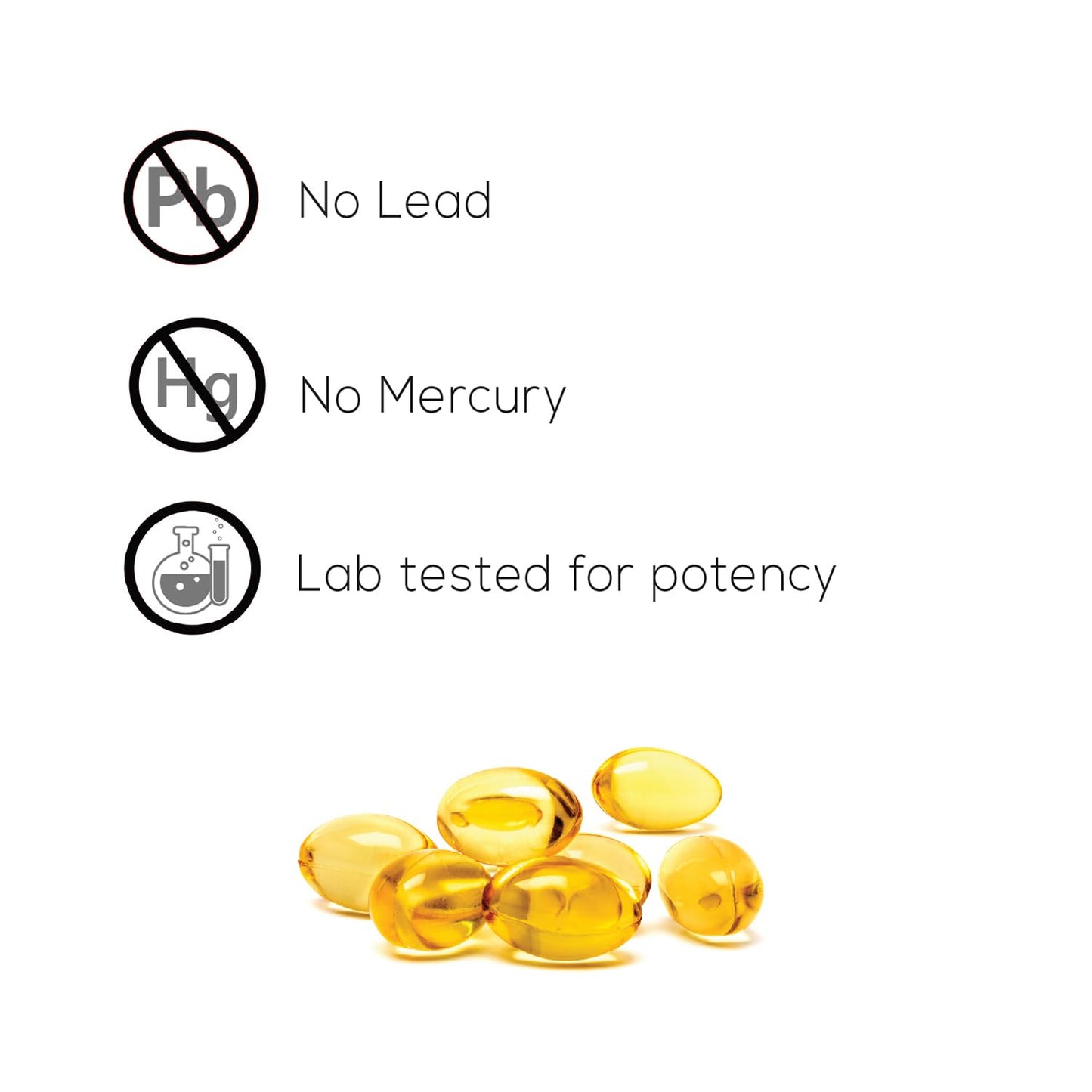 Yellow capsules with labels indicating 'No Lead', 'No Mercury', and 'Lab tested for potency' on a white background.