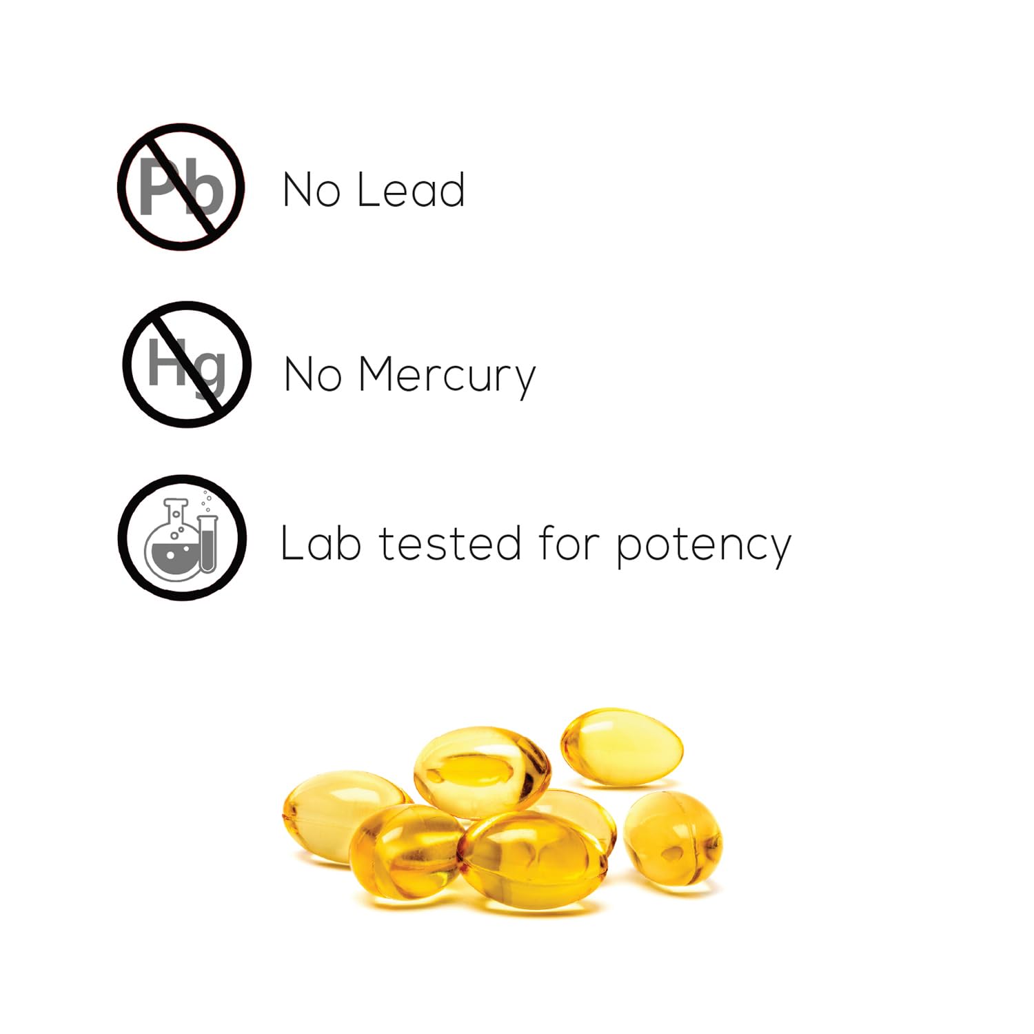 Yellow capsules with labels indicating 'No Lead', 'No Mercury', and 'Lab tested for potency' on a white background.