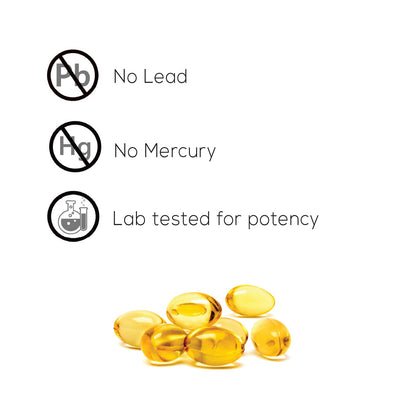 Yellow capsules with labels indicating 'No Lead', 'No Mercury', and 'Lab tested for potency' on a white background.