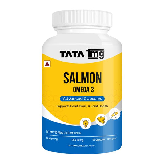 Tata 1mg Salmon Omega 3 Fish Oil Supplements 1000mg Capsules | Triglyceride form | 180mg EPA & 120mg DHA | High Absorption for Heart,Brain & Joints | Helps Manage Cholesterol