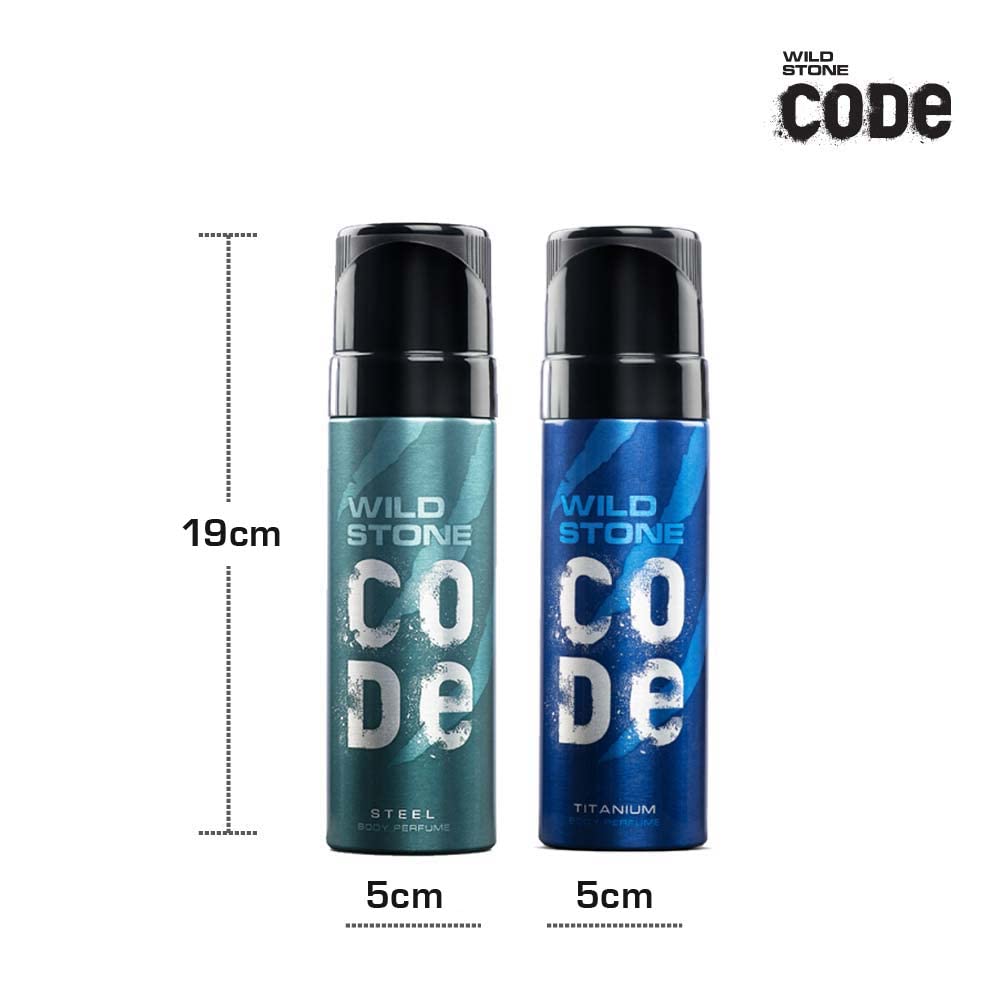 WILD STONE CODE Steel And Titanium Long Lasting No Gas Body Perfume For Men, Pack Of 2 (150Ml Each) - Spray