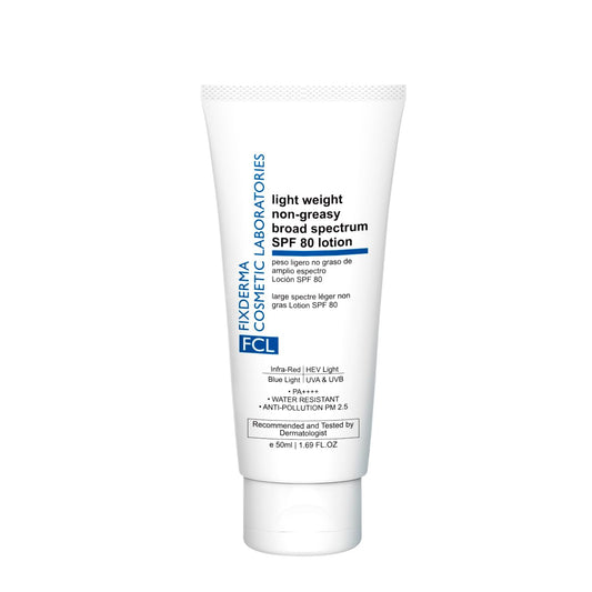 FCL Light Weight Non-Greasy Broad Spectrum SPF 80 Lotion | Sunscreen for Body & Face | Sun Screen Protector SPF 80 | Sunscreen for Women & Men | Non-Comedogenic & Water Resistant | For All Skin Types - 50ml