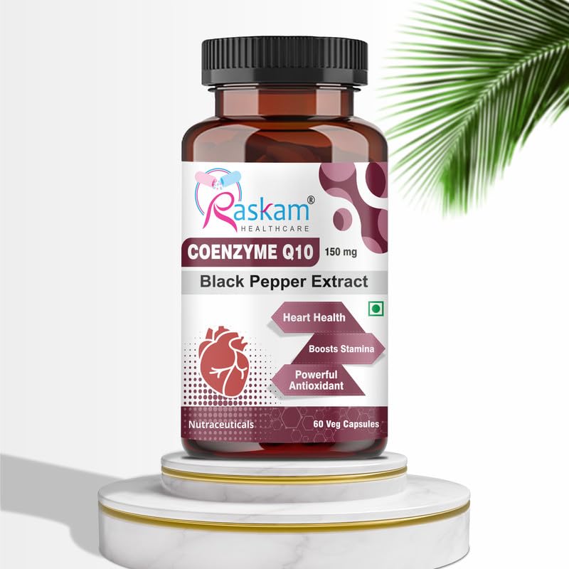 Bottle of Raskam Healthcare Coenzyme Q10 supplement with black pepper extract on a white background.