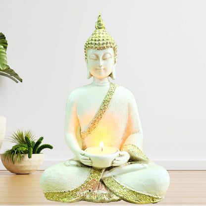 Buddha Sitting with Tea Light in Hand Polyresin Idol - Perfect for Living Room, Bedroom and Office Space Home Decor Staircase Wall Decoration Gifting (Buddha with Tea Light)