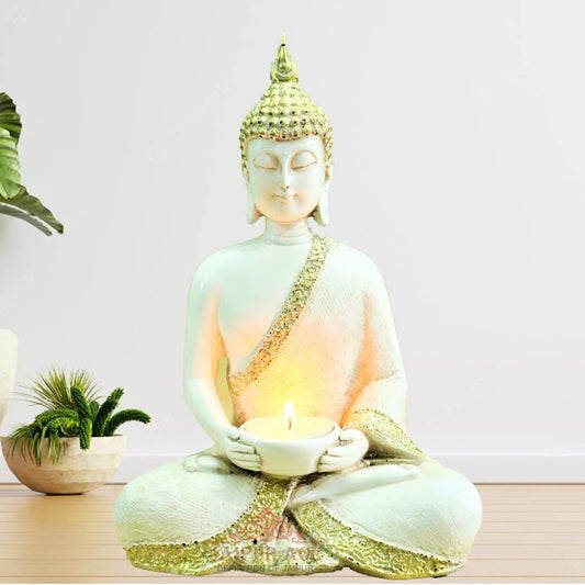 Buddha Sitting with Tea Light in Hand Polyresin Idol - Perfect for Living Room, Bedroom and Office Space Home Decor Staircase Wall Decoration Gifting (Buddha with Tea Light)