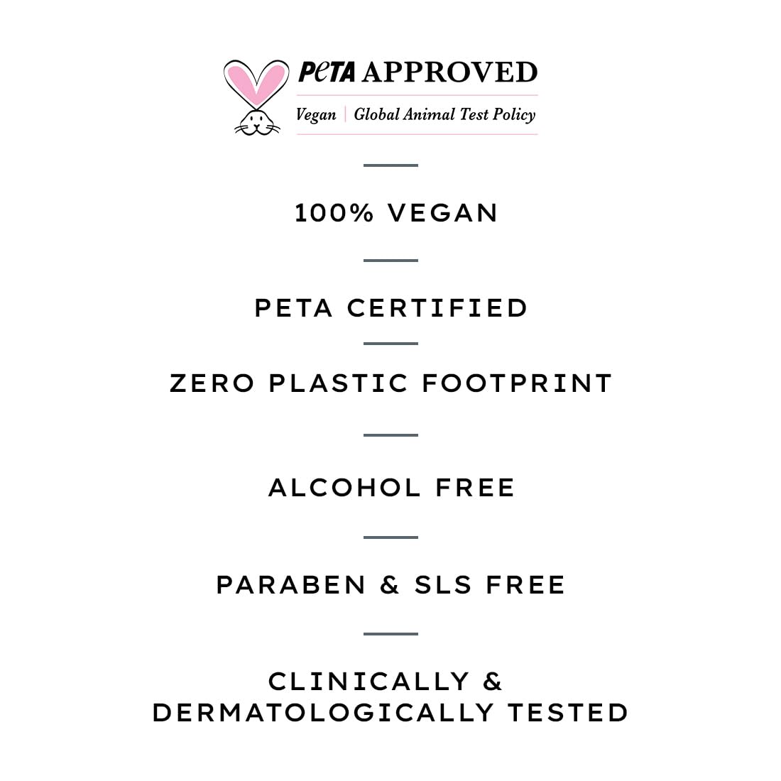 List of product features with PETA certification on a white background