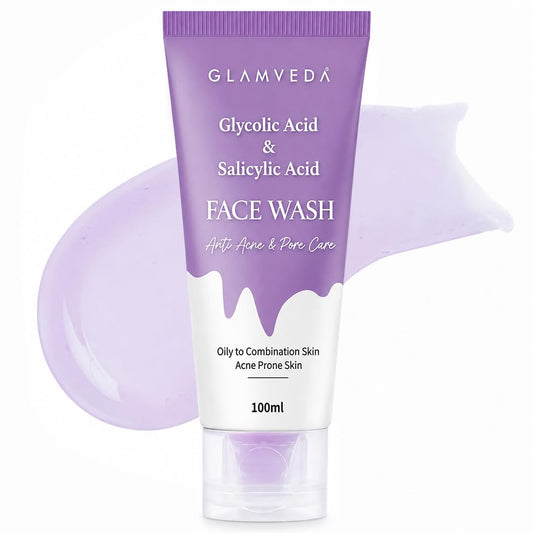 Glamveda Glycolic Acid & 0.05% ww Salicylic Acid Anti Acne face wash | For Oily & Acne Prone Skin | Oil balancing, Deep Cleansing | No Paraben, SLS | 100 ml