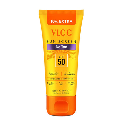 VLCC All Skin De-Tan SPF 50 PA+++ Sunscreen Gel Crème - 100g + 10g Extra | With Cucumber, Carrot, and Saxifraga Extracts | Enhances Glow, Protects from UVA, UVB Rays, and Help Reduce Dark Patches.