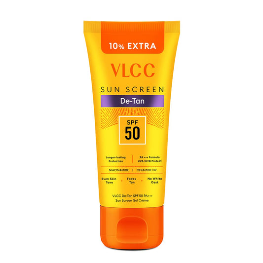 VLCC All Skin De-Tan SPF 50 PA+++ Sunscreen Gel Crème - 100g + 10g Extra | With Cucumber, Carrot, and Saxifraga Extracts | Enhances Glow, Protects from UVA, UVB Rays, and Help Reduce Dark Patches.