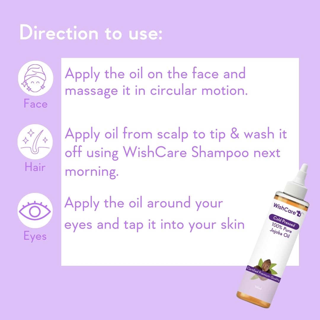 WishCare Ayurvedic Jojoba Oil with usage instructions on a purple background