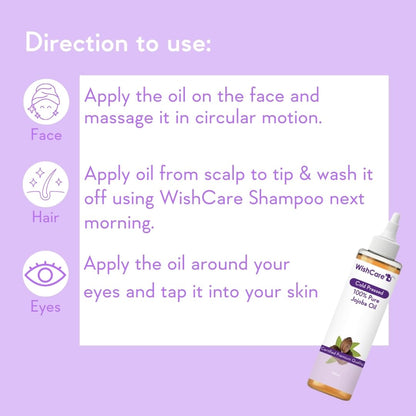 WishCare Ayurvedic Jojoba Oil with usage instructions on a purple background