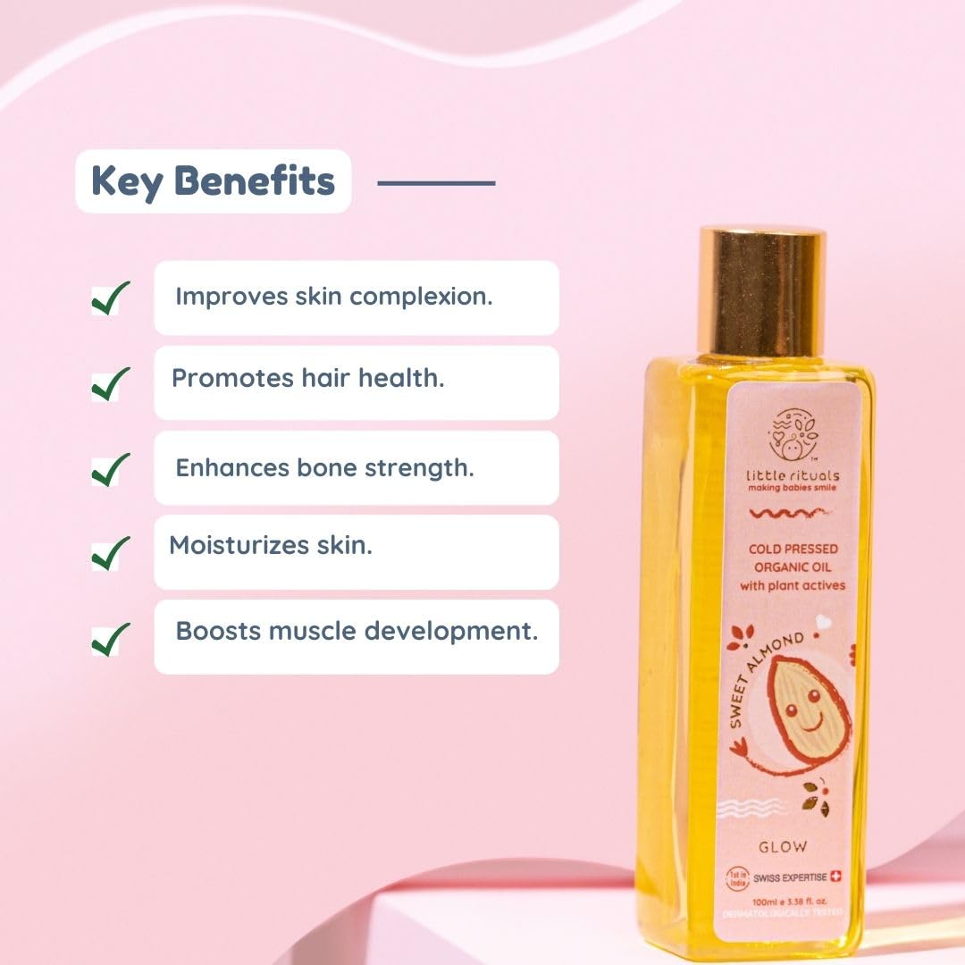 Little Rituals SWEET ALMOND (BADAM OIL) Baby Massage Oil and Hair oil, Cold Pressed and Certified ORGANIC with SWISS Plant Actives. Dermatologist Tested by Pediatrics, Mild & Gentle & Safe (100 ML)