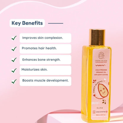Little Rituals SWEET ALMOND (BADAM OIL) Baby Massage Oil and Hair oil, Cold Pressed and Certified ORGANIC with SWISS Plant Actives. Dermatologist Tested by Pediatrics, Mild & Gentle & Safe (100 ML)