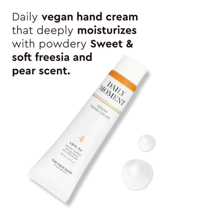 Daily vegan hand cream with freesia and pear scent on a white background