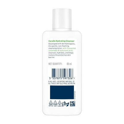 CeraVe Hydrating Cleanser For Normal To Dry Skin (88ml) - Non-Foaming Face Wash with Hyaluronic Acid And Ceramides | Non-Comedogenic, Non-Irritating And Fragrance-Free Cleanser