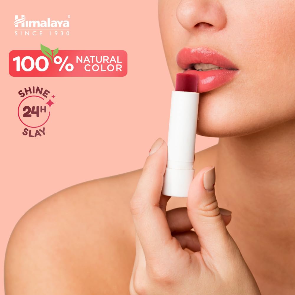 Himalaya lipstick being applied with brand logo and product features on a pink background