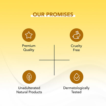Promises of premium quality, cruelty-free, unadulterated natural products, and dermatologically tested on a yellow background.