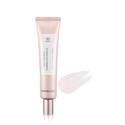 THANKYOU FARMER Sun Project Shimmer Sun Essence SPF30 PA++ (40ml) 3-In-1 Korean Sunscreen, Nourishes, Corrects Skin Tone, Moisturizes, No White Cast, UV Rays & Blue Light Protection, Radiant Glowy Skin, Hydrating, Brightening