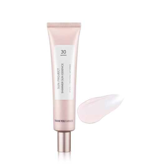 THANKYOU FARMER Sun Project Shimmer Sun Essence SPF30 PA++ (40ml) 3-In-1 Korean Sunscreen, Nourishes, Corrects Skin Tone, Moisturizes, No White Cast, UV Rays & Blue Light Protection, Radiant Glowy Skin, Hydrating, Brightening