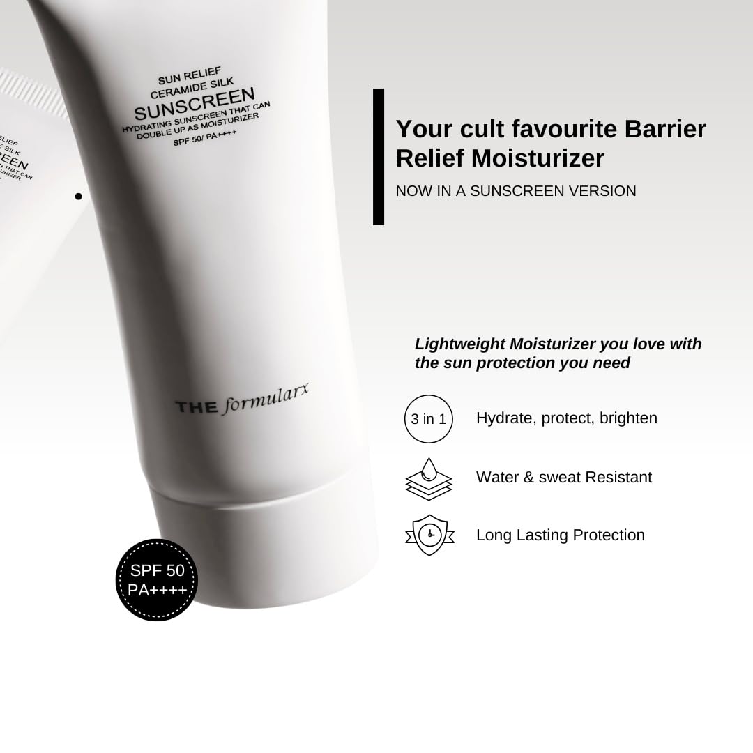 The Formularx Sun Relief Ceramide Sunscreen SPF 50 PA++++ | Broad Spectrum UV & Blue Light Protection | For Oily, Acne prone, Sensitive Skin | Brightening Barrier Care with Niacinamide, Hyaluronic acid, & Peptides | 50g
