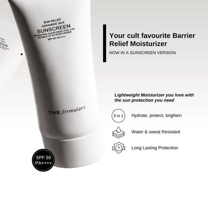 The Formularx Sun Relief Ceramide Sunscreen SPF 50 PA++++ | Broad Spectrum UV & Blue Light Protection | For Oily, Acne prone, Sensitive Skin | Brightening Barrier Care with Niacinamide, Hyaluronic acid, & Peptides | 50g