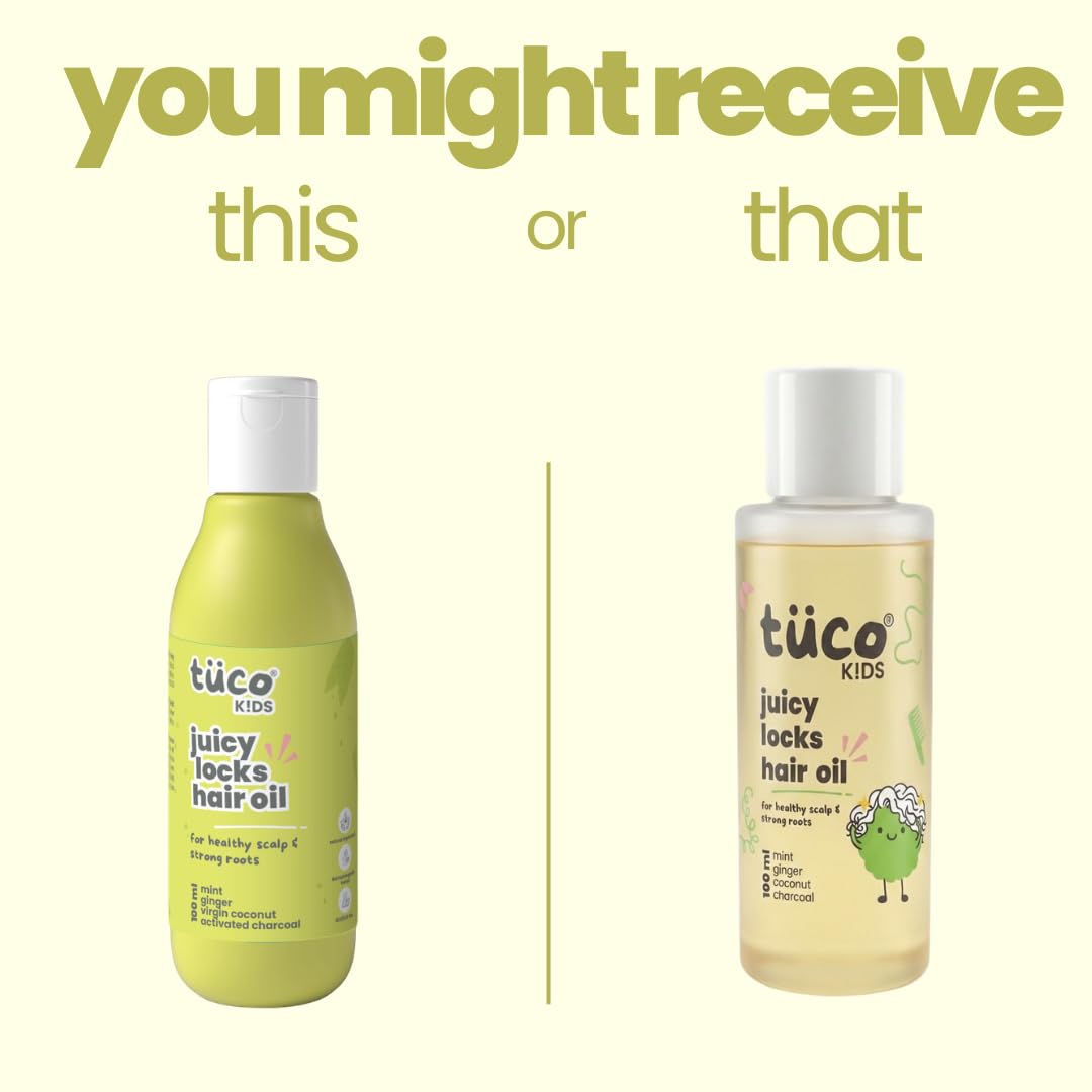 Two bottles of tüco Kids Juicy Locks hair oil on a white background with text.
