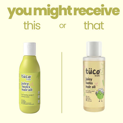 Two bottles of tüco Kids Juicy Locks hair oil on a white background with text.