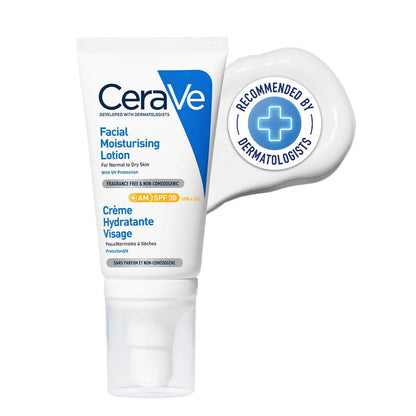 CeraVe facial moisturizing lotion with dermatologist recommendation on a white background