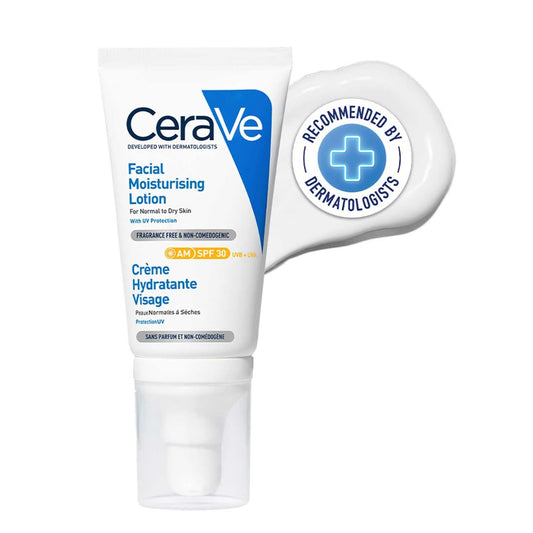 CeraVe facial moisturizing lotion with dermatologist recommendation on a white background