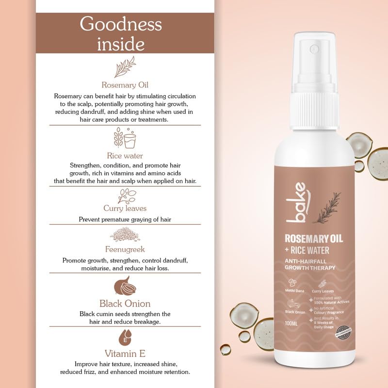 BAKE Rosemary Oil Hair Growth Serum Spray with Rice Water & Methi Dana | For Hair Fall, Hair Regrowth & Keratin Treated | Strengthen Hair Follicles | For Women & Men | 100ml