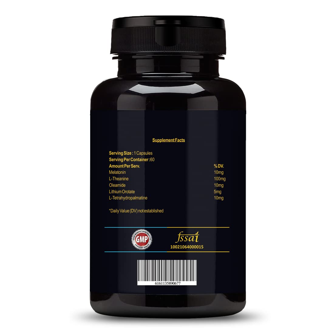 Black supplement bottle with label on a white background