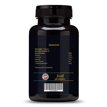 Black supplement bottle with label on a white background