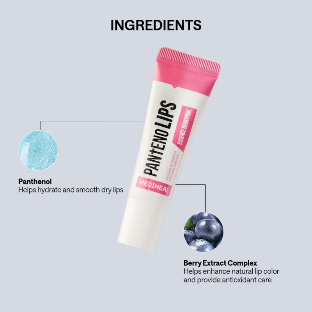 MEDIHEAL Pantenolips Healssence Berry Pink LipEssence (10 ml) Hydrating Korean Treatment with Panthenol, Berry Extracts & Vitamin E for Dry Chapped Lips with Natural Pink Tint, Intensive Lip Care