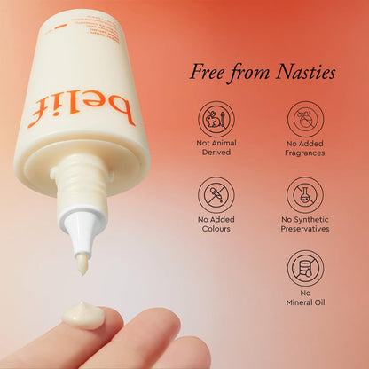 PELIF skincare product with 'Free from Nasties' text and icons on a gradient background