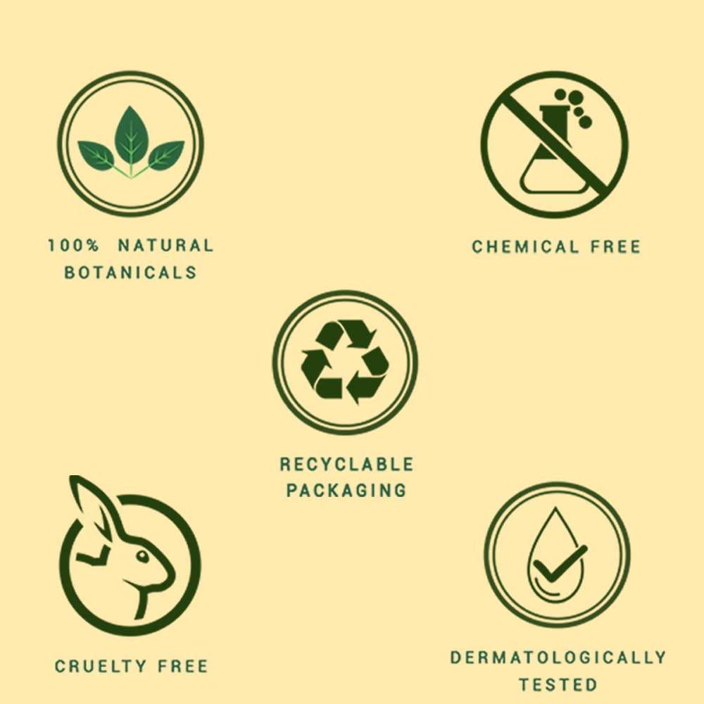 Set of green icons and text on a beige background, representing natural, chemical-free, recyclable packaging, cruelty-free, and dermatologically tested products.